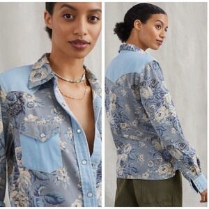 Love the Label by Anthropologie Floral Western Snap Button Shirt Blue‎ Gray S